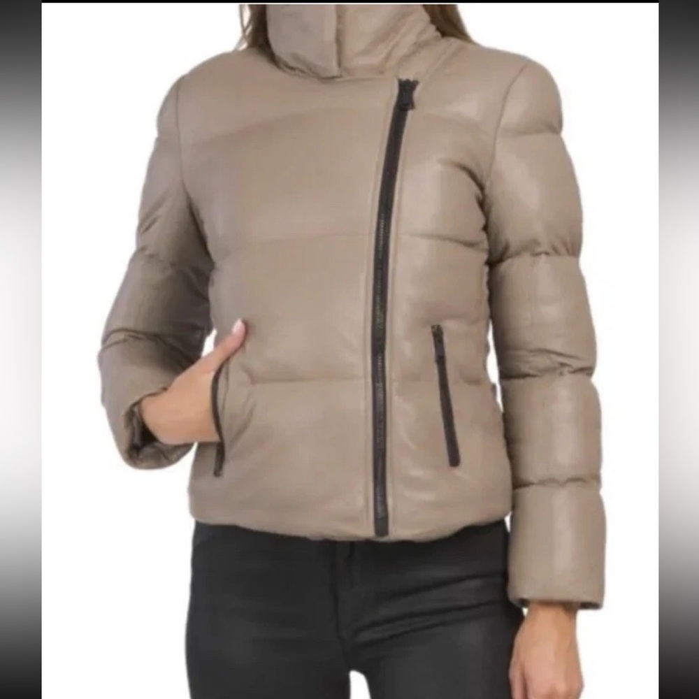 NWT Bod & Christensen Stand Neck Quilted Leather Puffer Taupe Jacket size S
